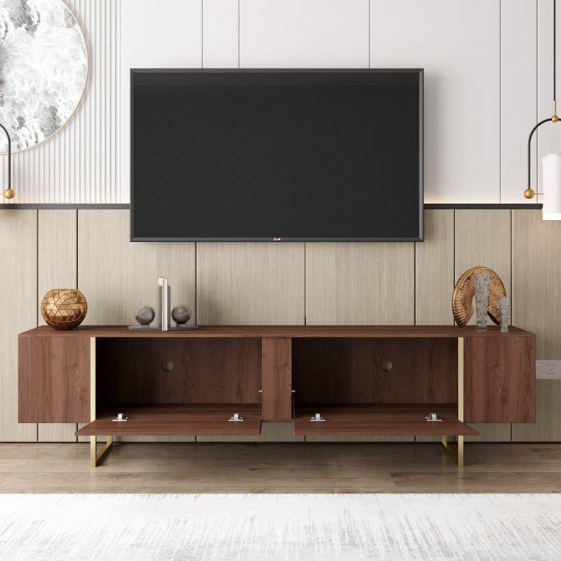Mercer41 Tv Stand 71” With Gold Legs And Two Spacious Doors, Walnut