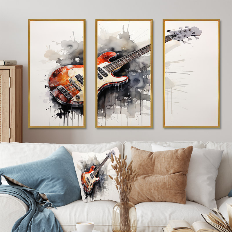 «Brown Charcoal Guitare», art mural musique, Cadre flottant doré, H 32 po x l 48 po