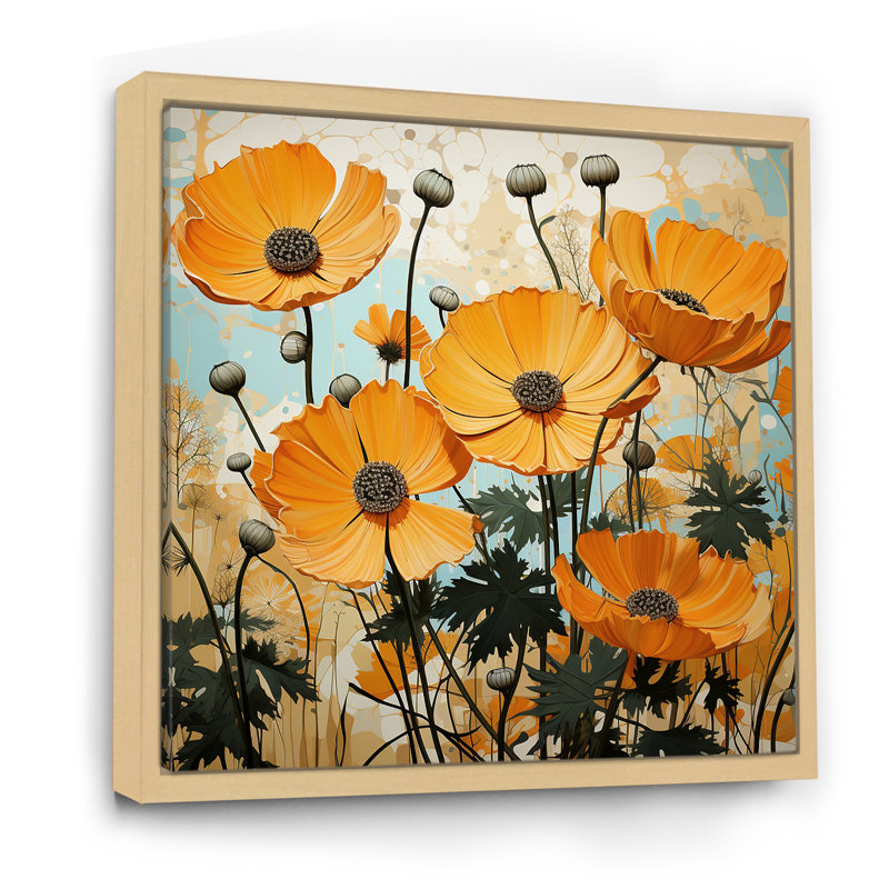 Jaune fleur de souci jaune - art mural souci, H 30 po x l 30 po x P 1,5 po, Cadre flottant brun