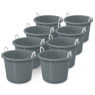  17 Gallon Round Open Storage Bucket with Rope Handles, Gray, 8 Pack