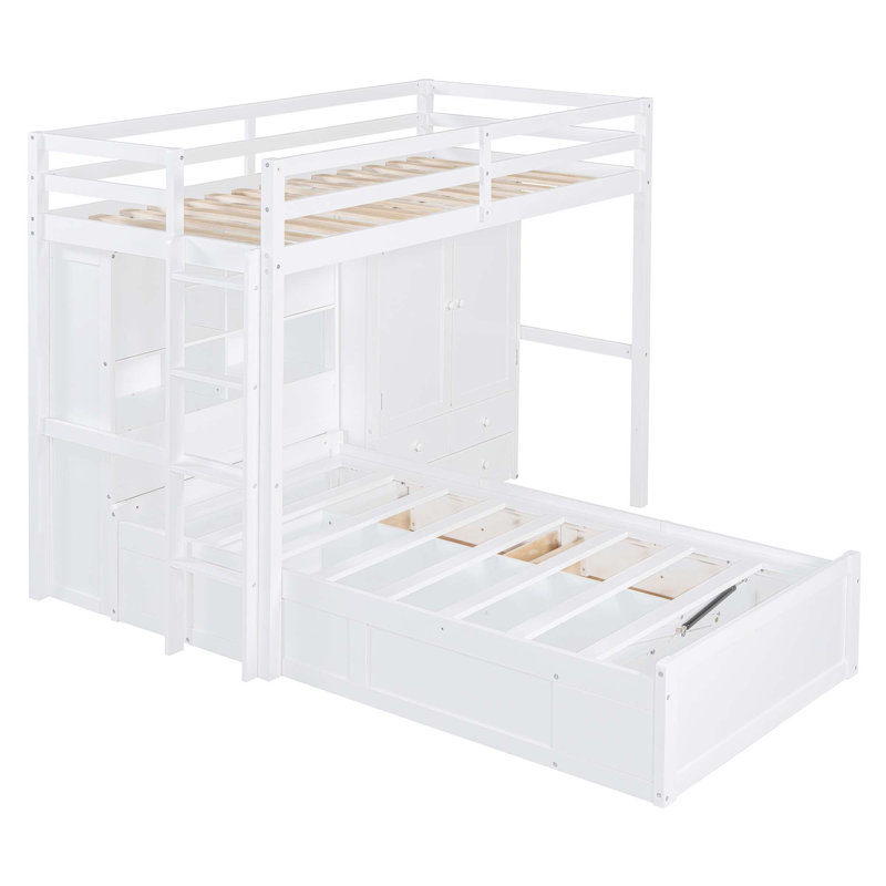 Lit superposé simple avec tiroirs, garde-robe, tablettes de rangement et lit hydraulique, Blanc