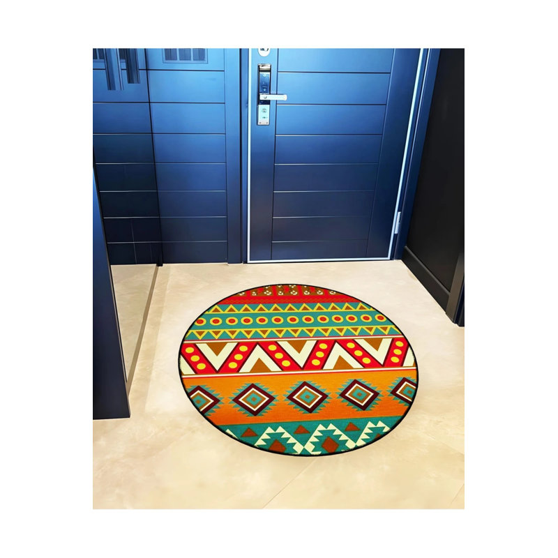 Green Orange Geometric Shapes Woven Base Modern Decorative Carpet, Round 2'8"