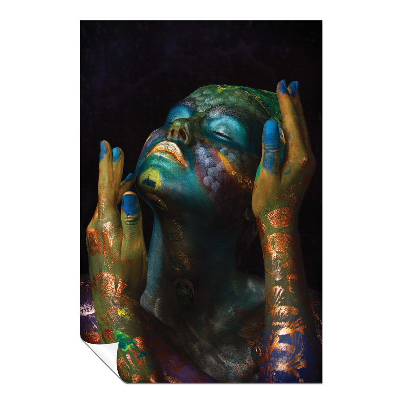 Woman In Metallic Blue And Green Face And Body - No Frame Print, 31cm H x 20cm W x 0.5cm D
