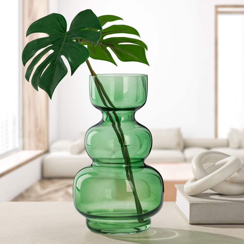 Green Glass Bubble Table Vase for Flowers, 9.5" Tall