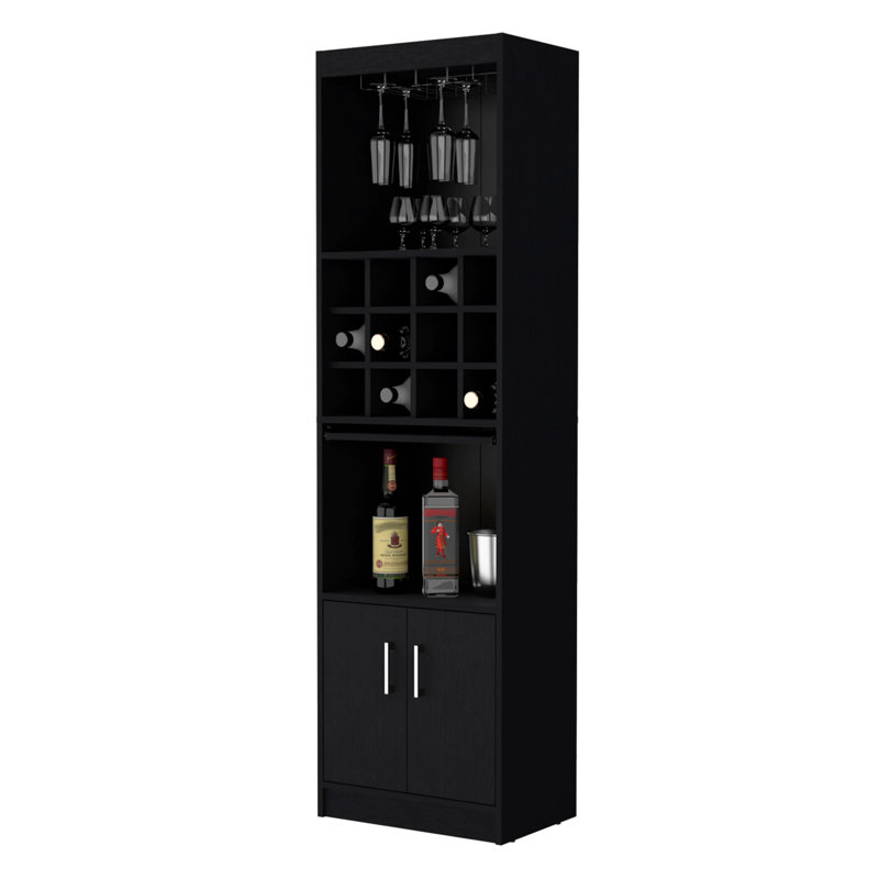 Black Bar Cabinet For Drinks - Engineered Wood, 15 Shelves, 2 Doors, 71.1x20x13.3 In Storage Inches, Black
