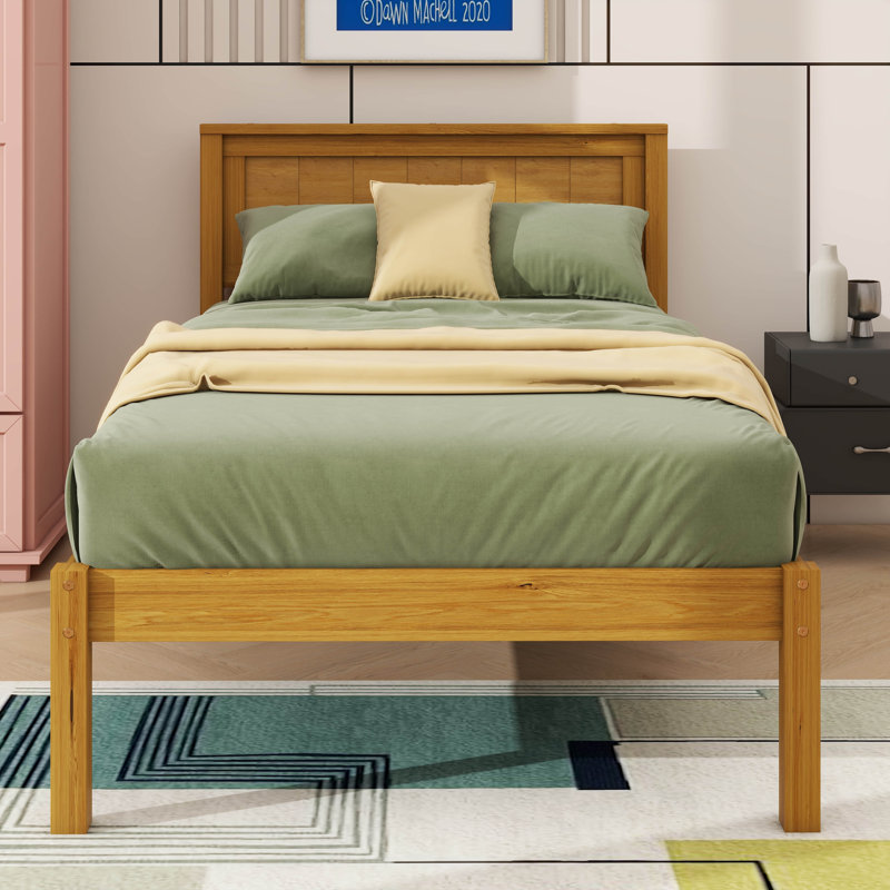 Platform Bed Structure With Headboard And Wooden Slat Base, Twin, Oak