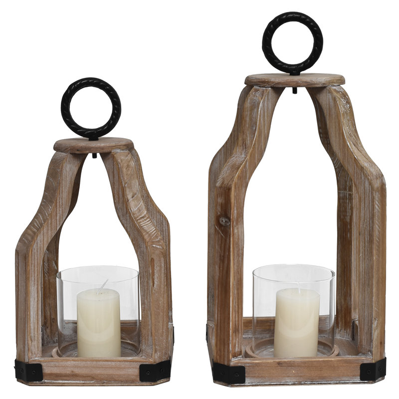 Lanterne rustique style bougie rustique en bois avec bougeoir en verre pour patio, centre de table, ensemble de 2, Brun