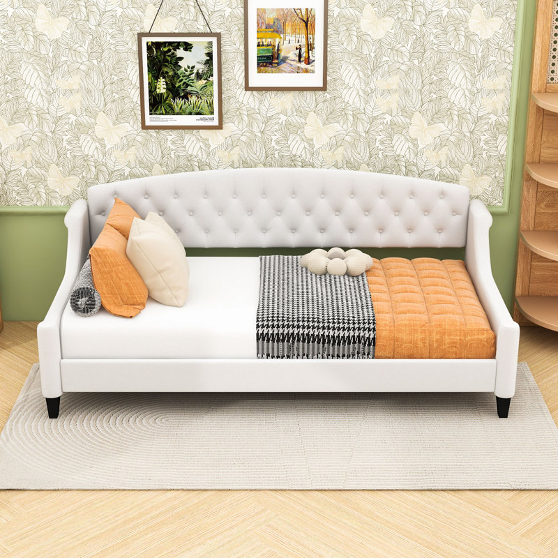 Twin Size Velvet Tufted Button Daybed with Slats, Beige
