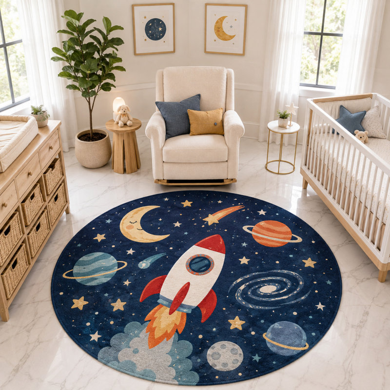 Tapis rond « Ultra Fin » 183 x 183 cm, motif fusée, lune et galaxie, tapis d'intérieur doux à poils courts avec envers antidérapant en silicone, idéal pour la chambre d'enfant, la chambre de bébé, la salle de jeux et la chambre à coucher.