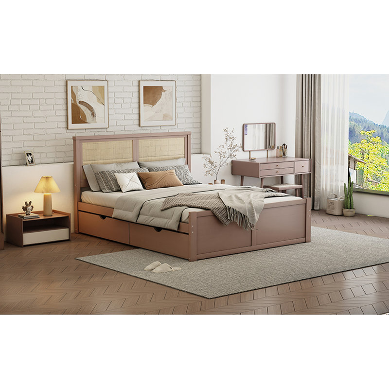 Wood Storage Platform Bed with 4 Drawers and Rattan Headboard, Full, Espresso