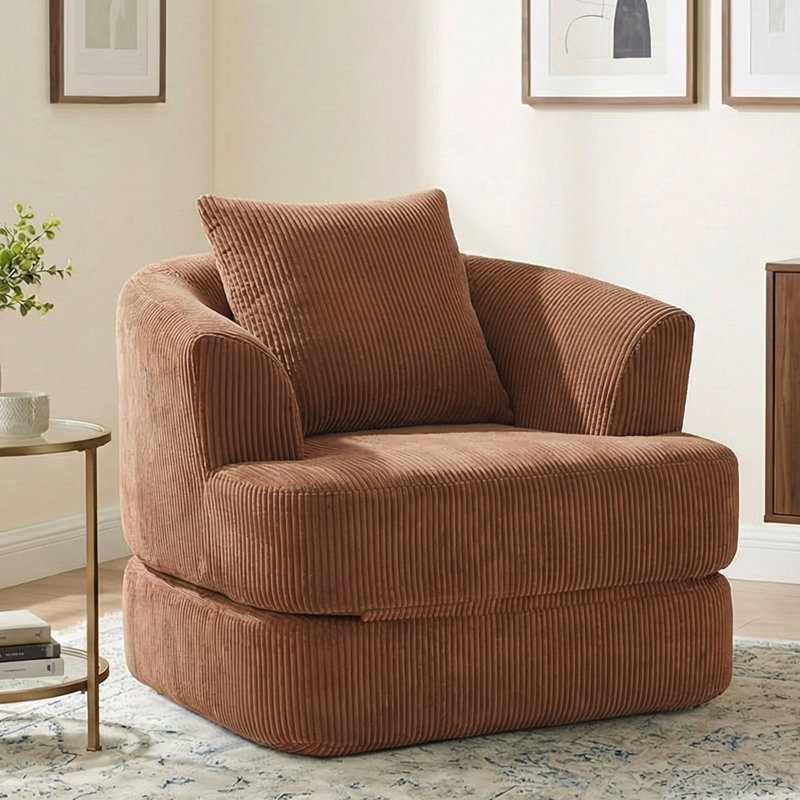 Fauteuil demi-tonneau d'appoint convertible surdimensionné rembourré, Velours côtelé orange