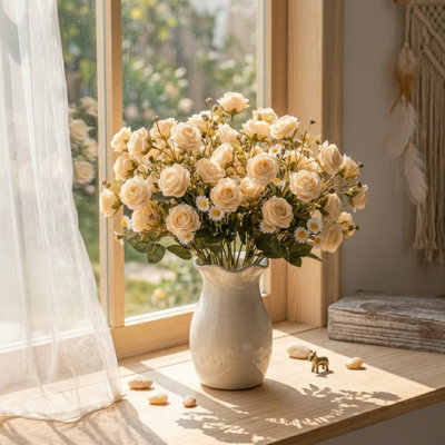 Bouquet de roses artificielles pour l'extérieur 3 paquets de roses avec marguerites artificielles résistantes aux rayons UV pour la maison intérieur extérieur jardin fenêtre fenêtre balcon