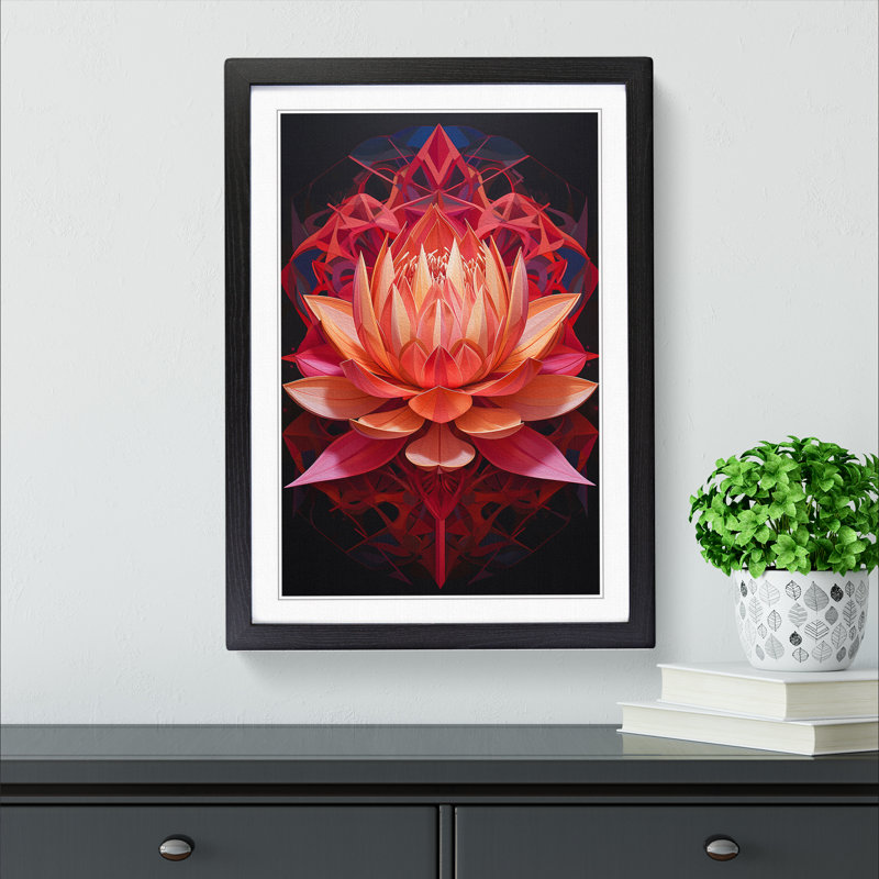 Lotus Flower Geometric - Single Picture Frame Print on Wood, Black Framed, 34cm H x 25cm W x 2cm D