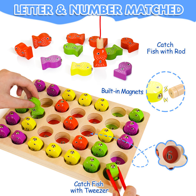 Magnetic Wooden Fishing Game Toy for Toddlers, Alphabet Fish Catching  Counting Games Puzzle with Numbers and Letters, Preschool Learning ABC Math