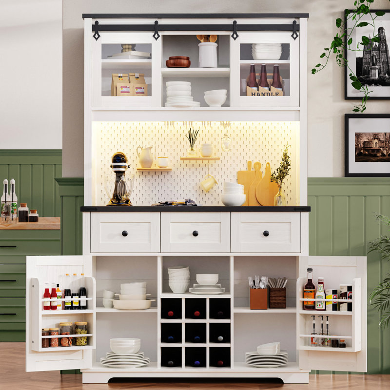 White Oak Pantry Bar Cabinet. 71" Tall With Internal Storage, Sliding Door, Power Outlet, . Suits Kitchen, Coffee Bar. Includes Diy , Wine Rack. And Attractive Style Storage Cabinet , Rack, Lights, 3