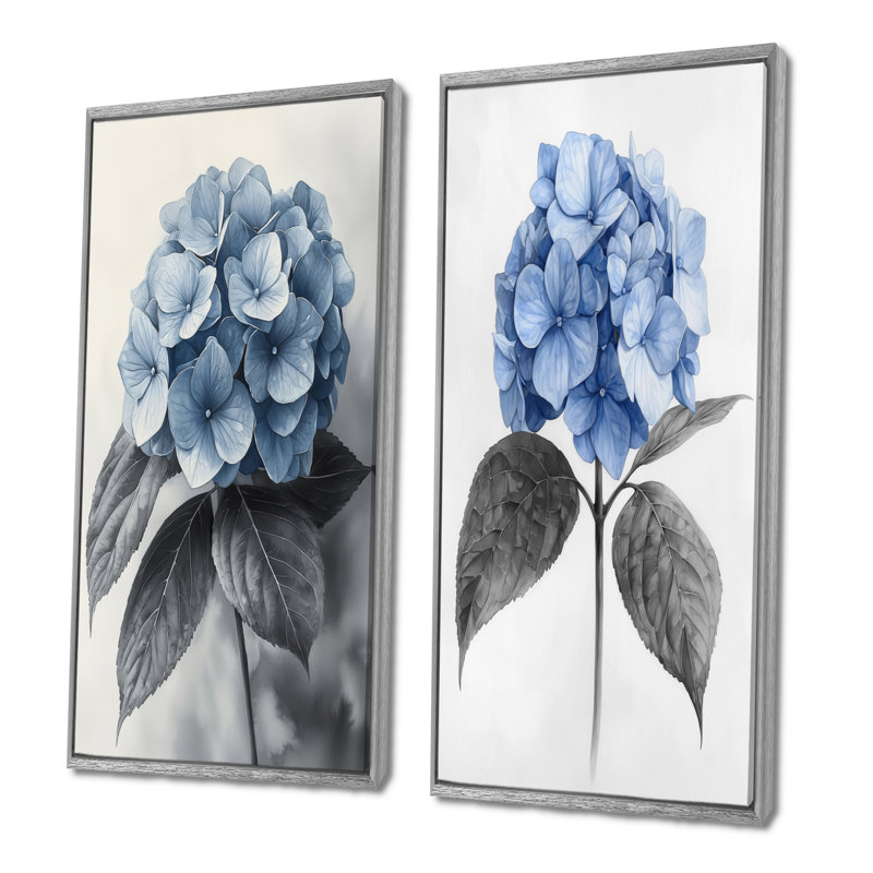 Hortensia dans un jardin monochrome I - impressions sur toile florales 2 panneaux, H 28 po x l 25 po, Encadrement argenté