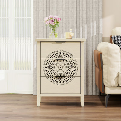 Commode de rangement à 3 tiroirs creux pour décoration de chambre à coucher, couleur naturelle, design moderne, motif exquis, glissières lisses, armoire à poignées en métal confortable et rangement pour le salon, style,