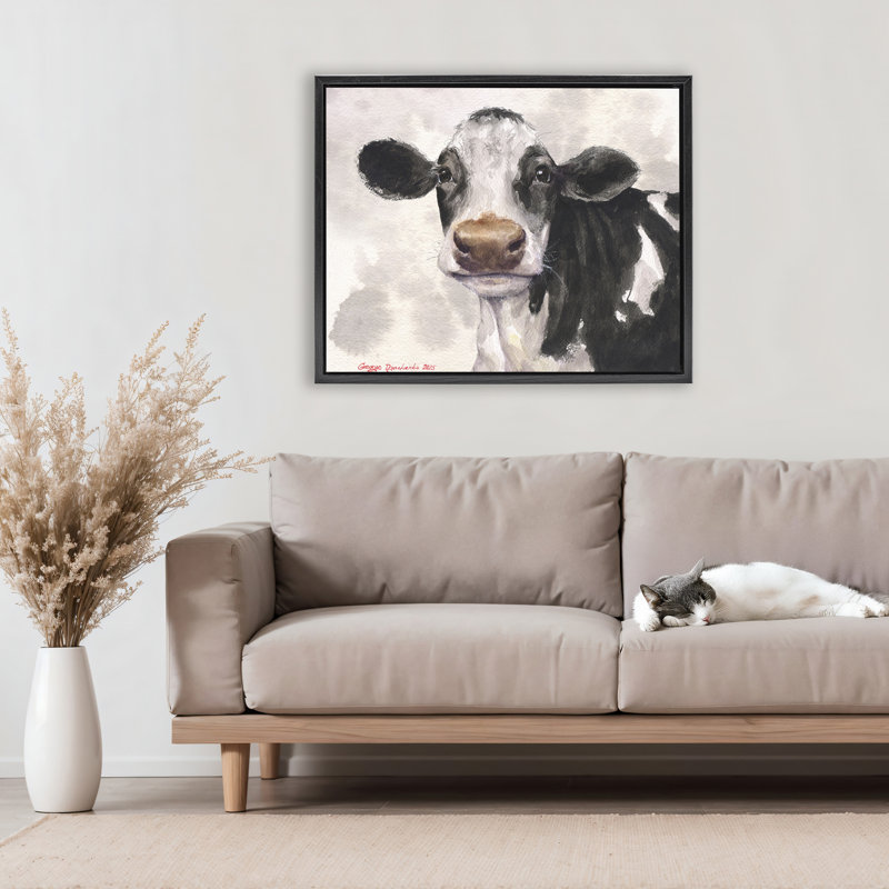 Vache mignonne avec cadre flottant abstrait, design par George Dyachenko, H 25 po x l 31 po, Cadre flottant noir de jais