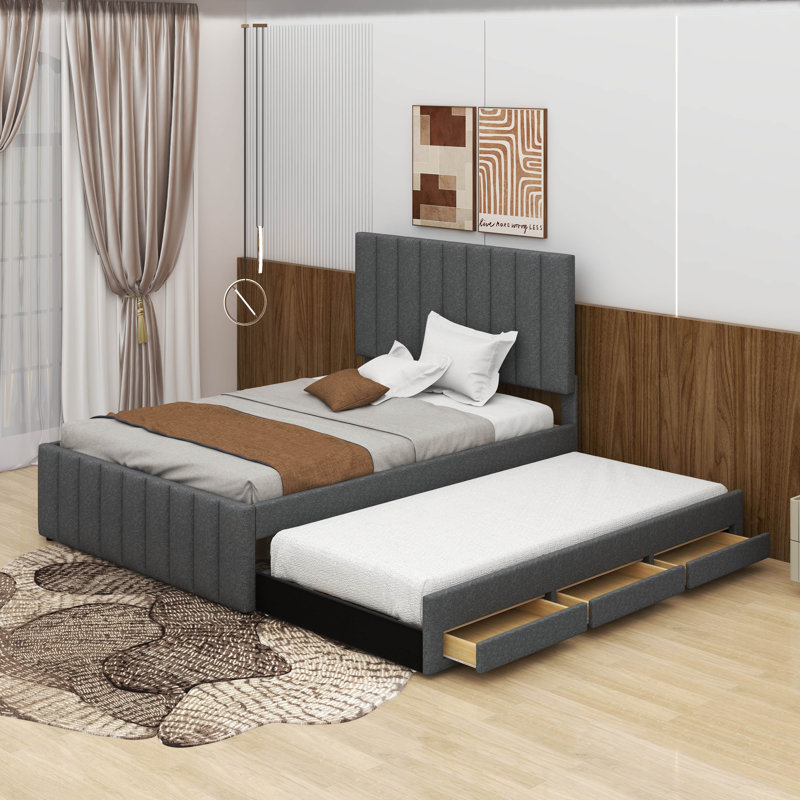 Lit plateforme double avec lit gigogne et tiroirs, Gris