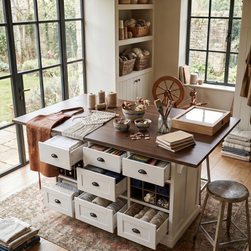 Expandable Farmhouse Craft Table With Storage Drawers, Wine Cubbies & Fold-Out Workspace For Sewing, Crafting, And Home Projects
