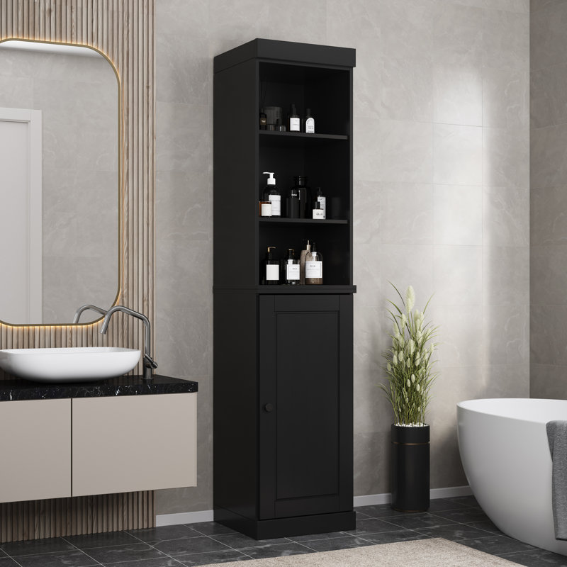 100% Solid Wood 16.5" Bathroom Storage Cabinet with Solid Doors and Adjustable Shelves, Black