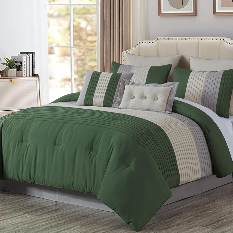 Loft 8-Piece Pleated Stripe Microfiber Comforter Set, Forest Green/Gray/Cream, Oversized King Comforter + 2 King Shams