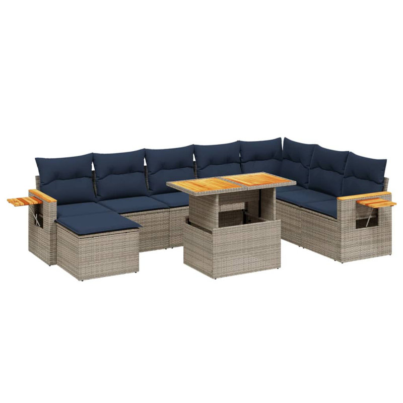  Ensemble de canapé de patio 9 pièces avec coussins en rotin de polyester, Bleu, Gris