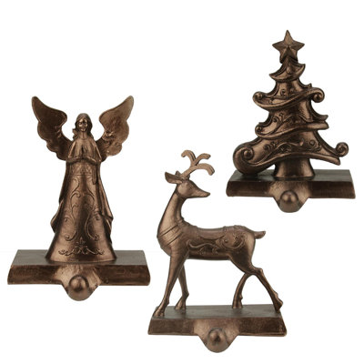 3 Piece Bronze Angel Reindeer and Christmas Tree Holiday Stocking Holders 7.25" Set