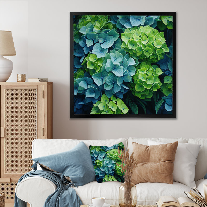 Vert, bleu, hortensia, fleurs d'émeraude - art mural encadré hortensia, H 16 po x l 16 po x P 1 po, Cadre simple noir