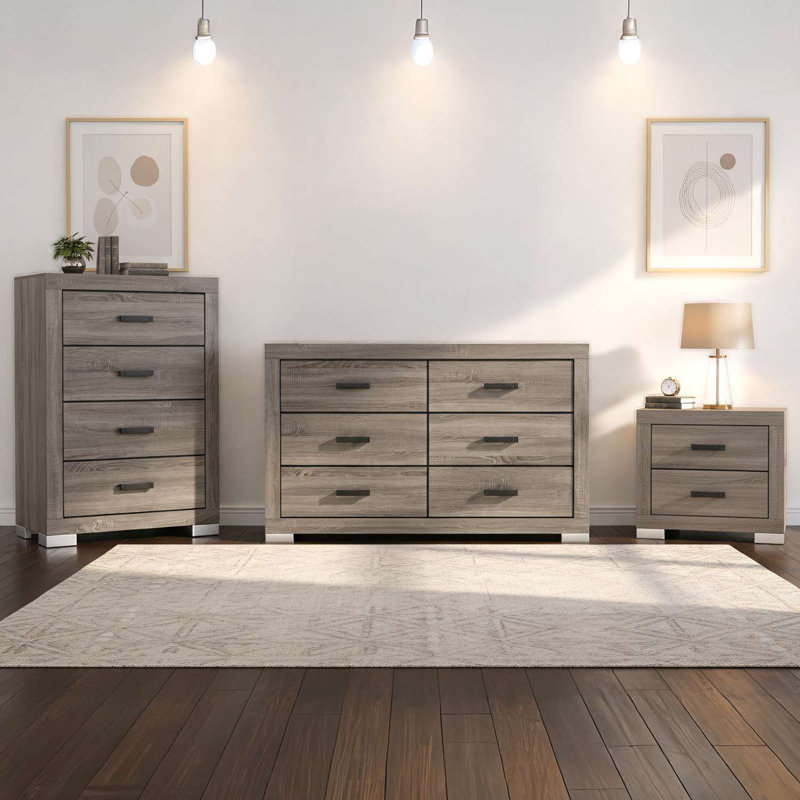 Ensemble de chambre à coucher contemporaine 3 pièces en chêne gris avec commode, commode et table de chevet