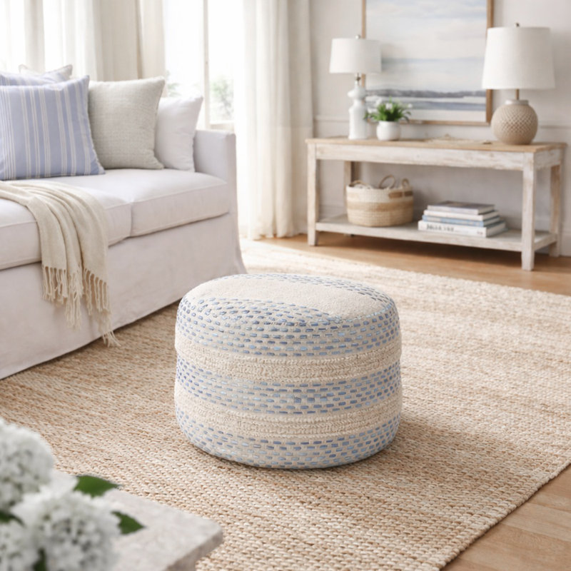 Lebo Handmade Farmhouse Striped Round Indoor Pouf Ottoman, Blue