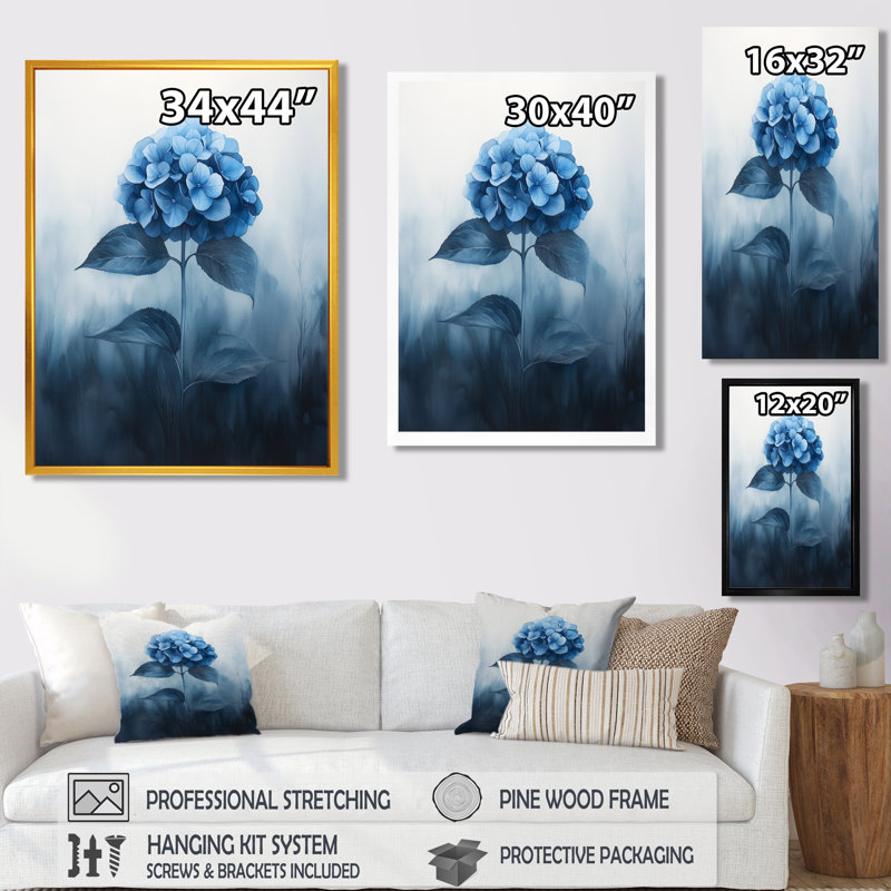 Hortensias bleus dans le rêve brumeux III - art mural hortensias, Argent argent, Impression encadrée flottante