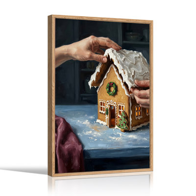Hands Holding Gingerbread House With Snowy Roof Christmas Canvas Wall Art