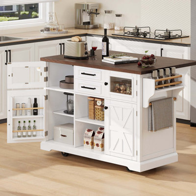 Îlot de cuisine 54,9 po avec rallonge, prise de courant, 4 tablettes de porte et 4 roulettes