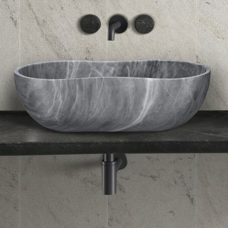 Carrara Gray Natural Marble Bathroom Vessel Sink with Semi-Polished Finish and Wavy Design for Countertop Installation, Measuring 23.6x14.2x7.1 Inches