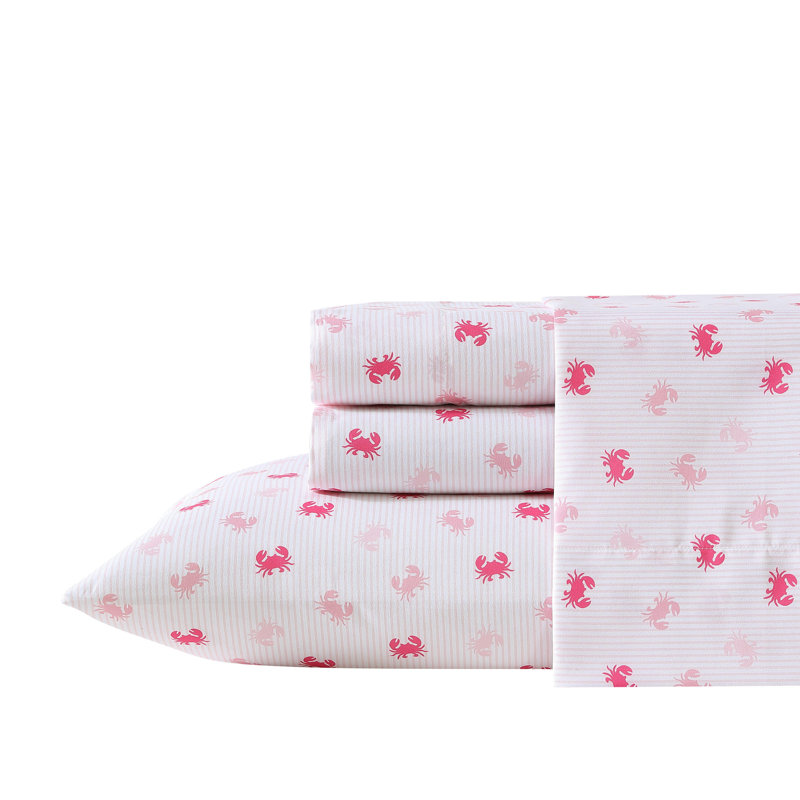 Nautica Kids Printed Cozy Sheet Set, Twin Extra Long Sheet Set with 1 Pillowcase, Axton Crab Pink