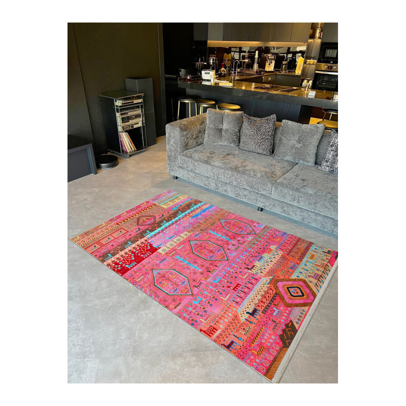 Tapis décoratif lavable à la machine à motif de cerfs et de fleurs rose de la collection Barcelona