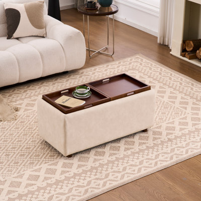 Repose-pieds rectangulaire avec rangement de 35 po avec plateau, table basse avec rangement, grand tabouret rembourré avec plateau amovible pour le salon