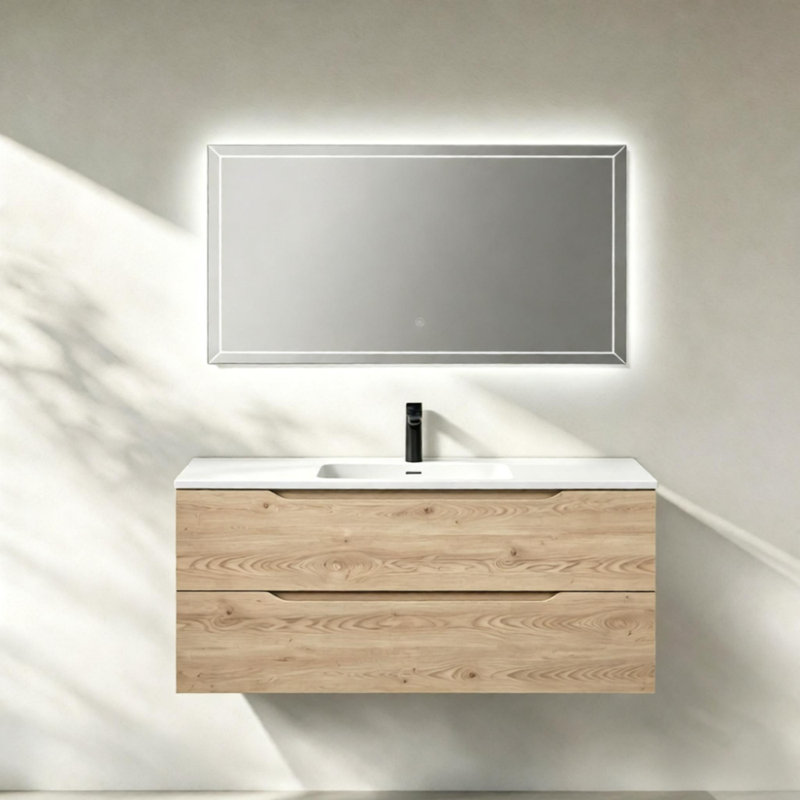 Meuble-lavabo suspendu à lavabo simple de 91 cm (36 po) avec lavabo noir, style contemporain Evita Oak avec rangement dissimulé.