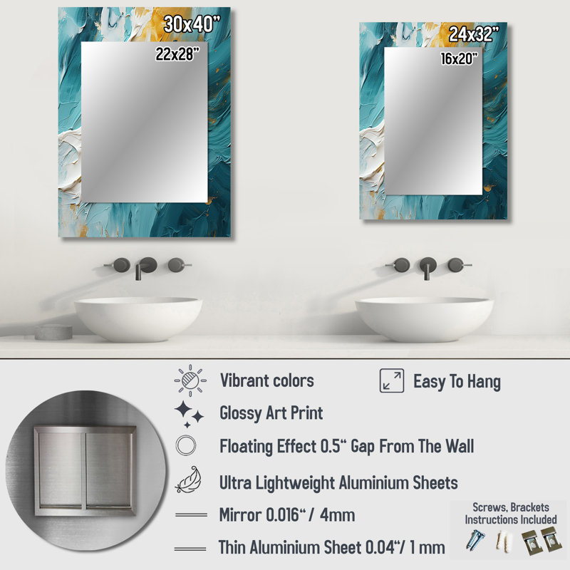 «Golden Morning Glory», peinture or sur fond bleu sarcelle II - spirales abstraites grand miroir, 40 po x 30 po