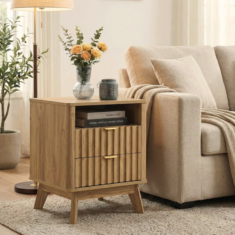 Fluted Set Of 2 Fluted 2 Drawer Nightstand, Bedside Table With Storage Drawers, Night Stand For Bedroom, End Table Or Side Table For Living Room, 15.7" D X 18.9" W X 24" H, Oak
