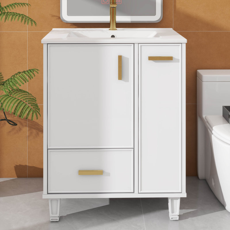 Meuble-lavabo de 24 po avec lavabo compact avec armoire de salle de bain, tablette de porte, tiroir profond et panier coulissant à 2 niveaux