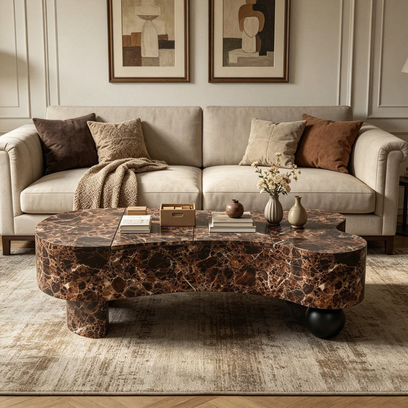 Table basse irrégulière moderne en faux travertin, plateau de table en faux marbre imitation bois, avec rangement caché et détails cannelés