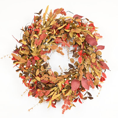 Artificial Farmhouse Fall Harvest Foliage Leaves Blossom Cluster Berry Thanksgiving Day Front Door Wreath