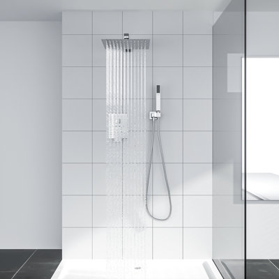 Ensemble de mélangeur de douche de luxe pour salle de bain à double tête avec système de pomme de douche à pluie murale carré de 10 po Nickel brossé