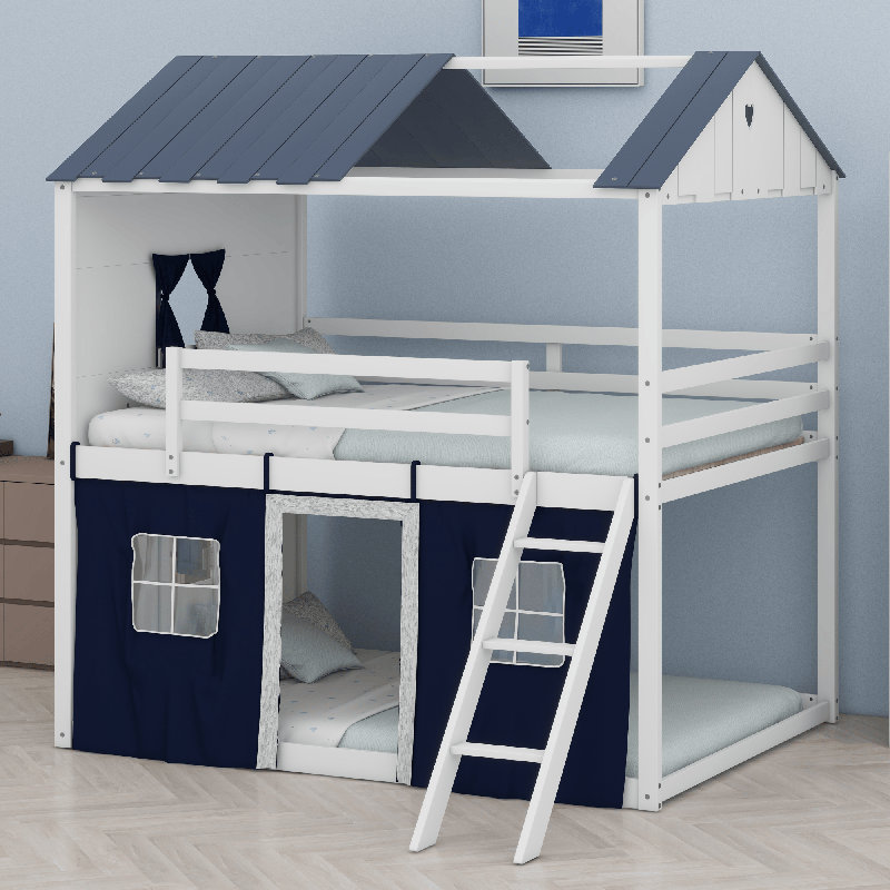 Lit superposé en bois avec fenêtres élégantes, Bleu / blanc