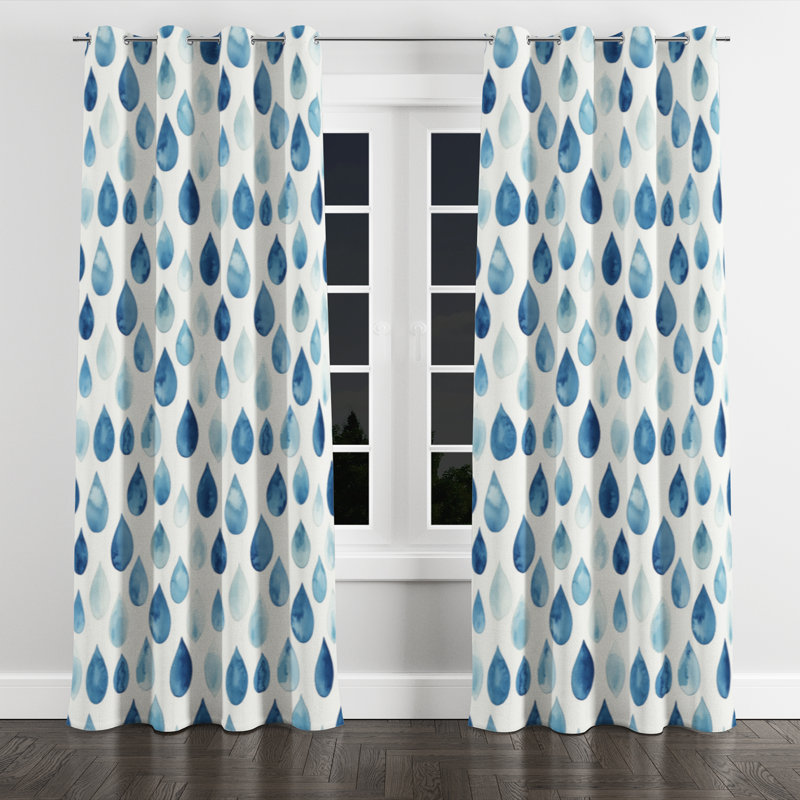 Paisley Room Darkening Curtains - Boho Blue And Beige Teardrops Grommet Curtain - 1 Panel, 52" W x 108" L, Silver Grommets