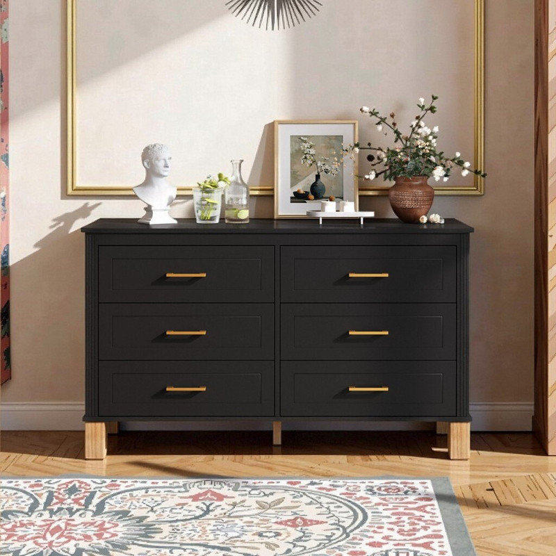 Scrigno 6-Drawer Double Dresser With Solid Wood Frame & Metal Handles, 47.24 L Storage Cabinet, Black