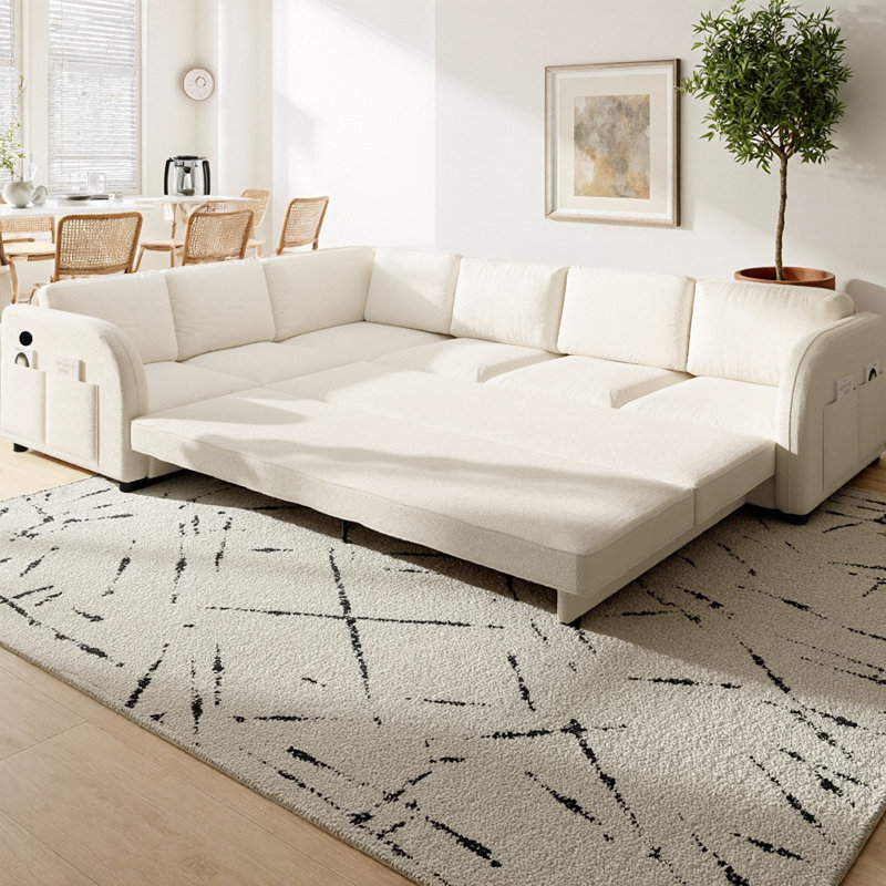 115.2" L-Shaped Sofa Couch with Pull-Out Bed, Oversize 6-Seater Convertible Sleeper Sectional Sofa with Teddy Upholstered, Left/Right Facing, Side Pockets & USB Ports