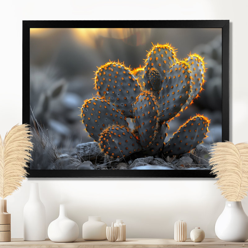 Cactus lumineux jaune et gris - Cactus floral, Toile encadrée noire simple, H 12 po x l 20 po x P 1 po